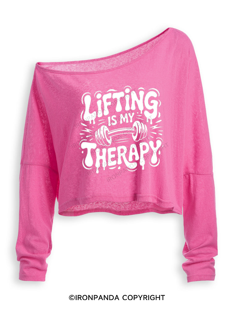 LIFTING IS MY THERAPY POSITIVE GYM VIBE Off Shoulder Long Sleeve Crop Top