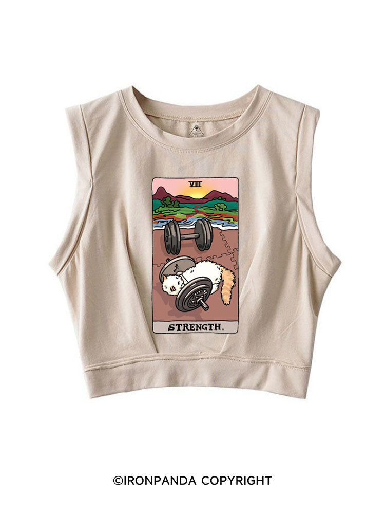 STRENGTH TAROT FUNNY GYM KITTY SLEEVELESS CROP TOPS
