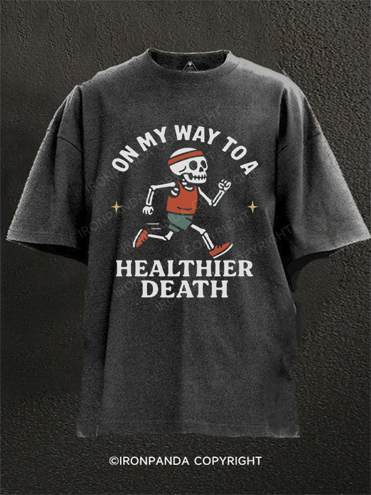On My Way to a Healthier Death Skeleton Running Washed Gym Shirt