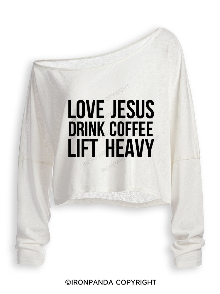 LOVE JESUS DRINK COFFEE LIFT HEAVY Off Shoulder Long Sleeve Crop Top