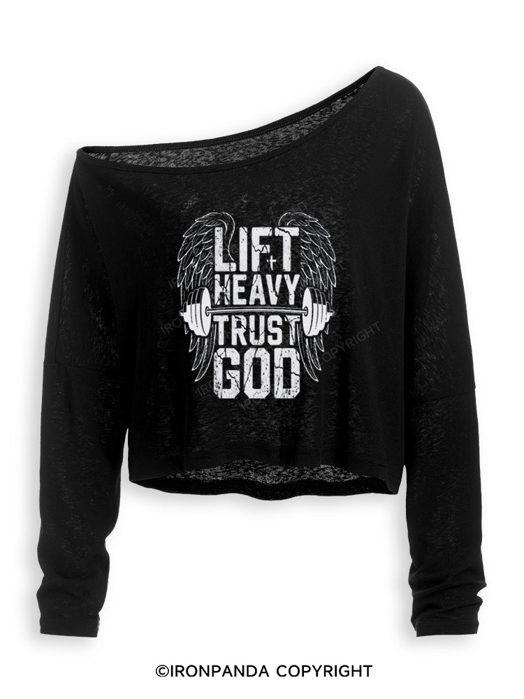 LIFT HEAVY TRUST GOD Off Shoulder Long Sleeve Crop Top