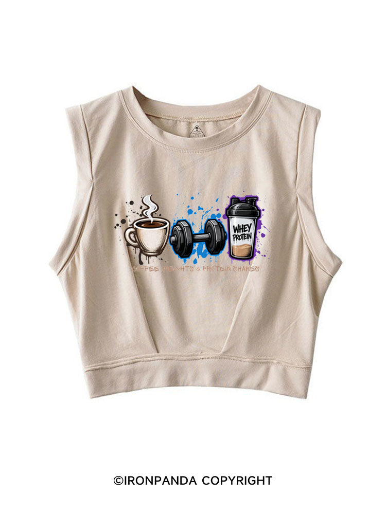 COFFEE WEIGHTS & PROTEIN SHAKES FUNNY GYM SLEEVELESS CROP TOPS