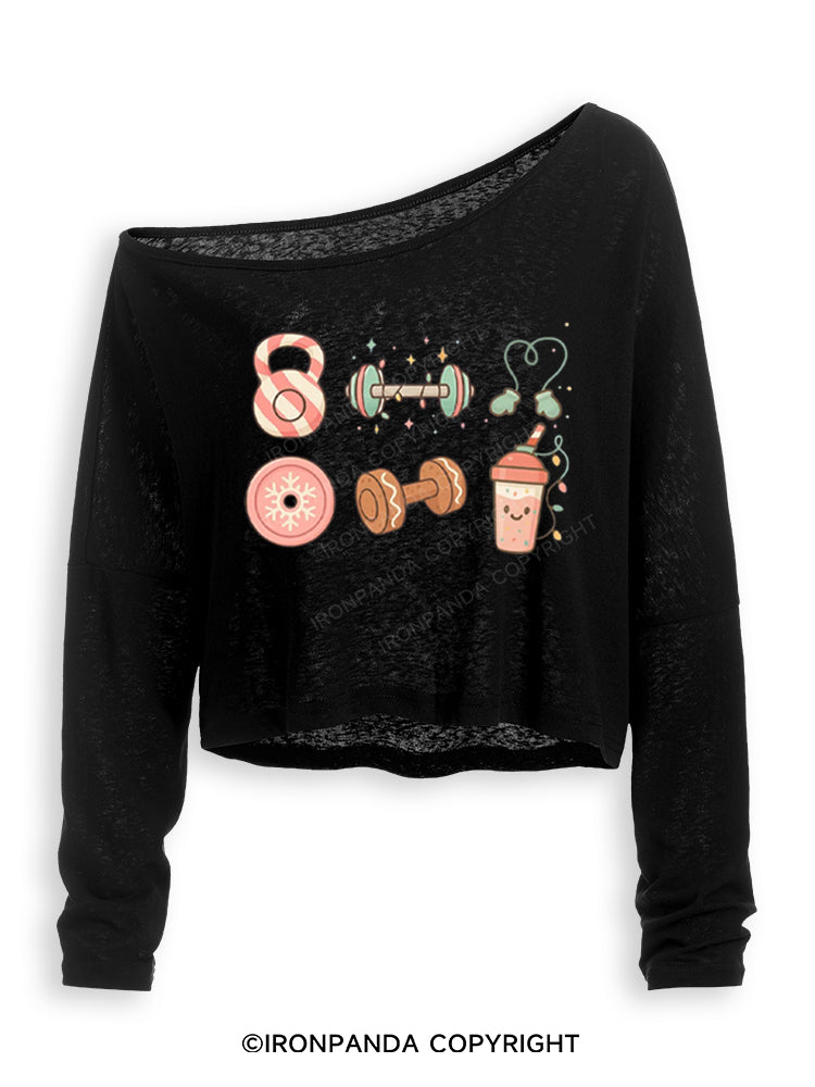 Candy Cane Kettlebell & Cookie Dumbbell Xmas Off Shoulder Long Sleeve Crop Top