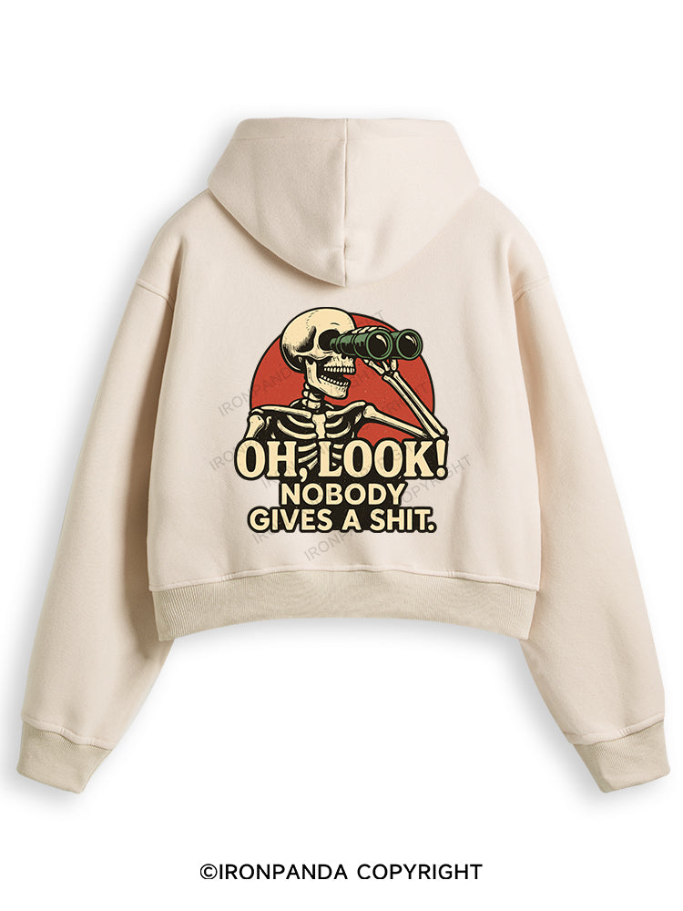 OH, LOOK! NOBODY GIVES A SHIT Fleece Crop Zip Up Hoodie