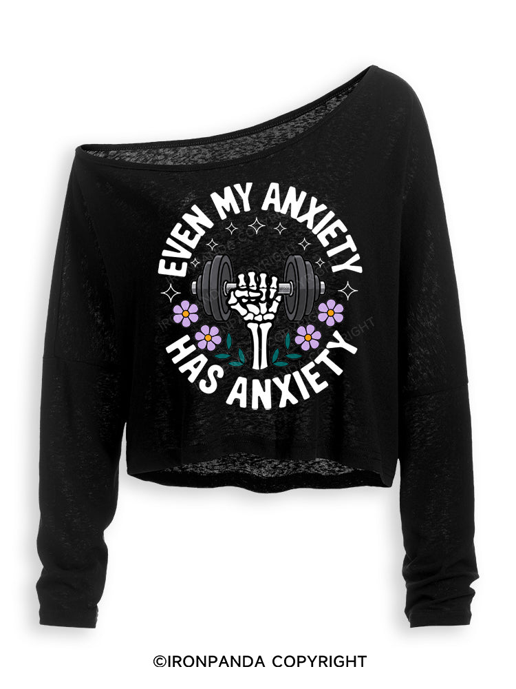 EVEN MY ANXIETY HAS ANXIETY SKELETON Off Shoulder Long Sleeve Crop Top