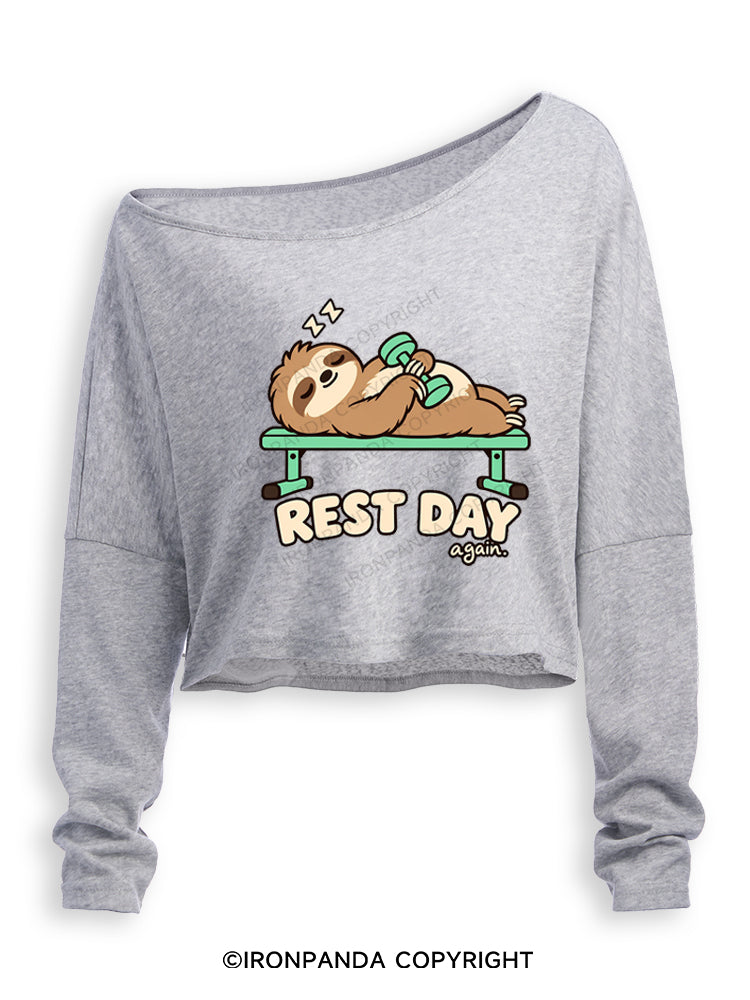Rest Day Again Lazy Sloth Off Shoulder Long Sleeve Crop Top