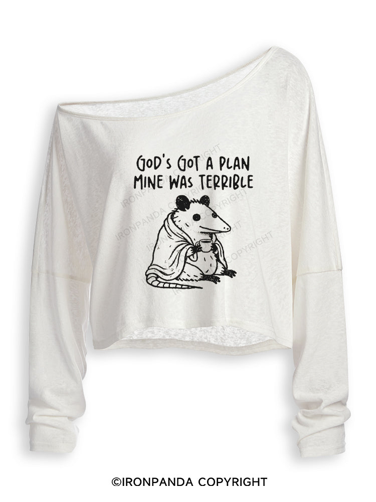 God's Got a Plan Mine Was Terrible Funny Opossum Off Shoulder Long Sleeve Crop Top
