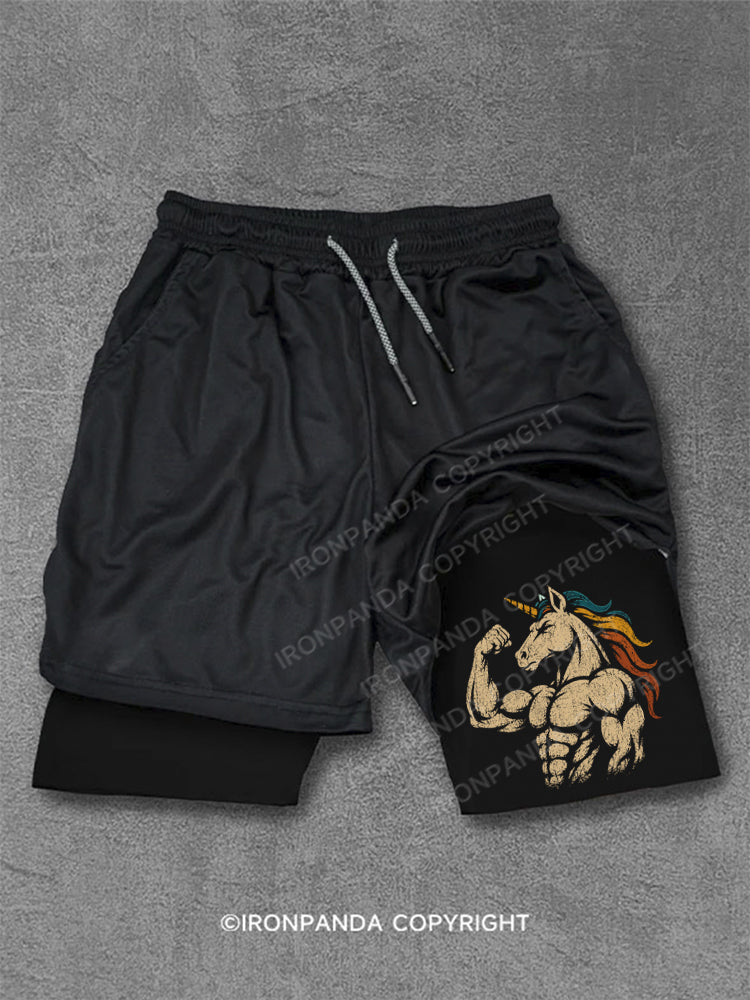 Retro Muscular Unicorn Power Fantasy Performance Training Shorts