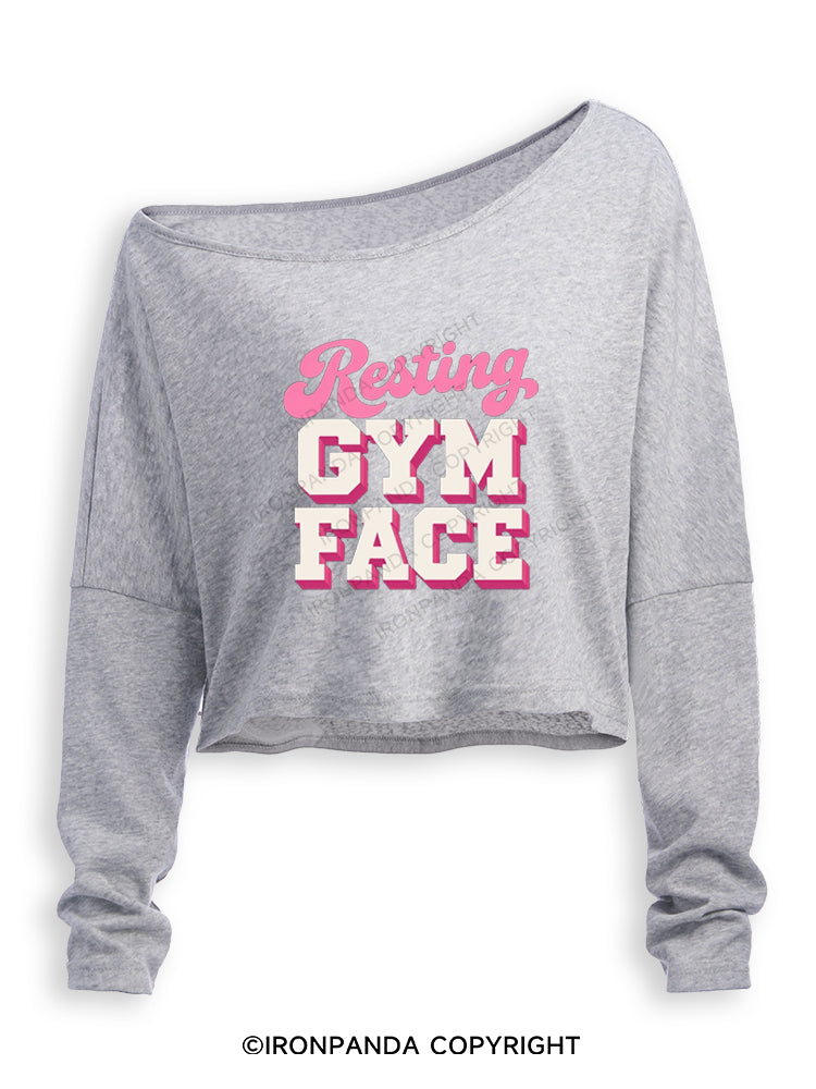 RESTING GYM FACE FUNNY WORKOUT Off Shoulder Long Sleeve Crop Top