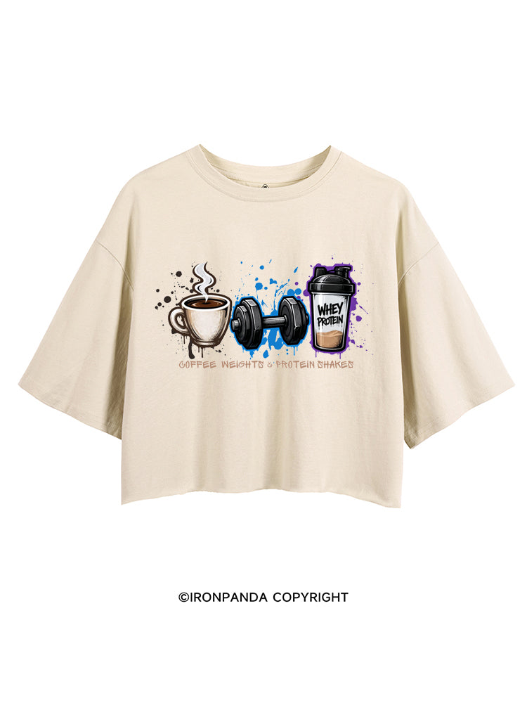 COFFEE WEIGHTS & PROTEIN SHAKES FUNNY GYM CROP TOPS