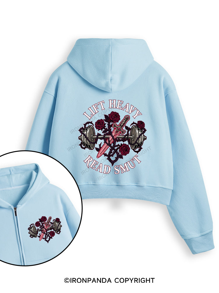 LIFT HEAVY READ SMUT Fleece Crop Zip Up Hoodie