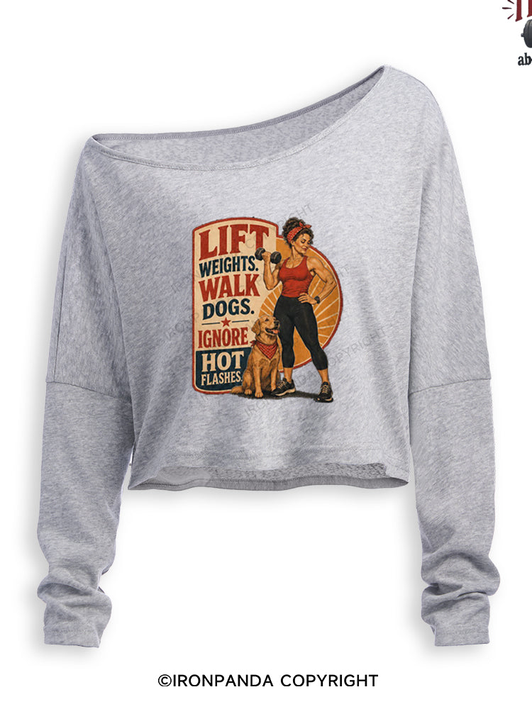 LIFT WEIGHTS WALK DOGS RETRO FITNESS Off Shoulder Long Sleeve Crop Top