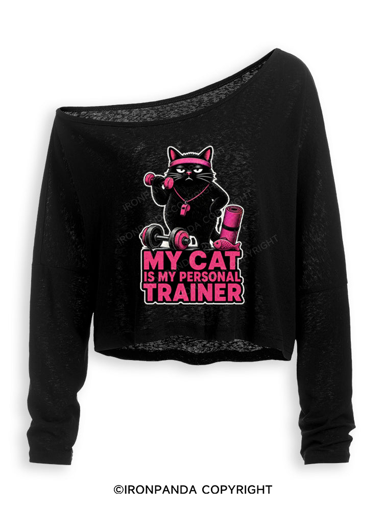 My Cat Is My Personal Trainer Off Shoulder Long Sleeve Crop Top