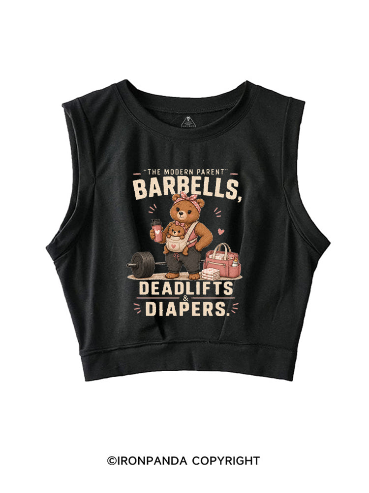 THE MODERN PARENT BARBELLS DEADLIFTS & DIAPERS GYM MOM BEAR SLEEVELESS CROP TOPS