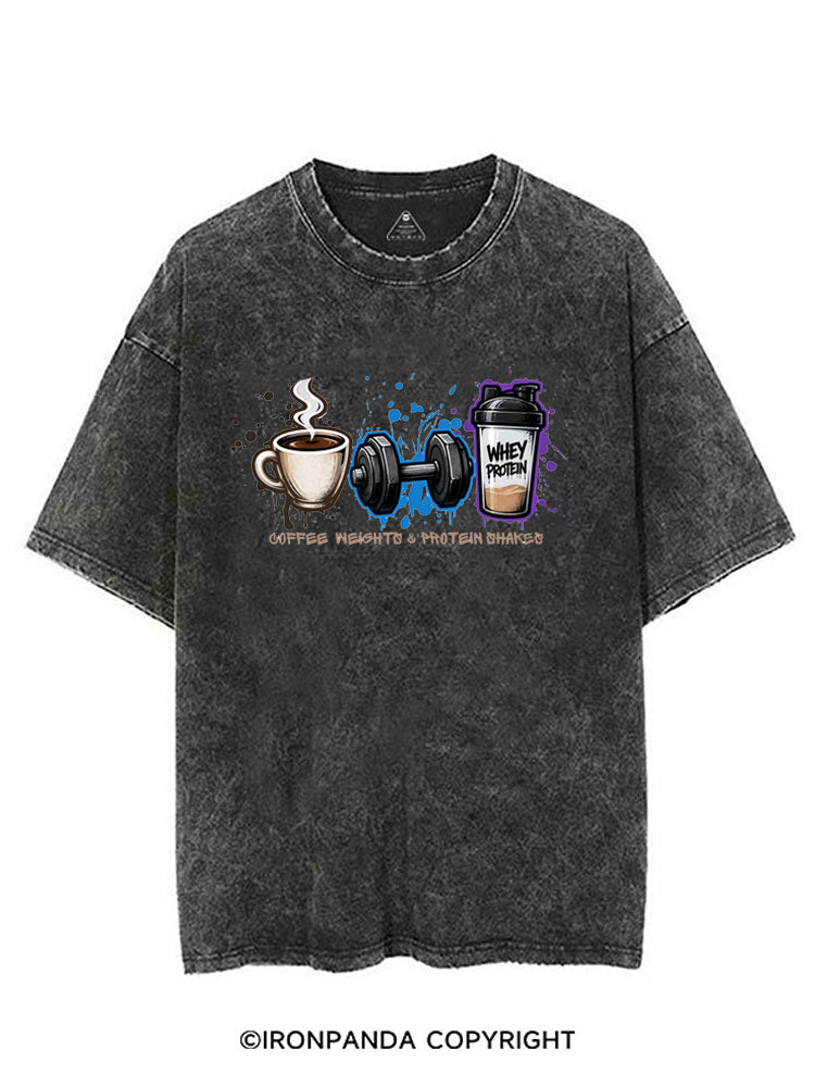 COFFEE WEIGHTS & PROTEIN SHAKES FUNNY GYM VINTAGE GYM SHIRT