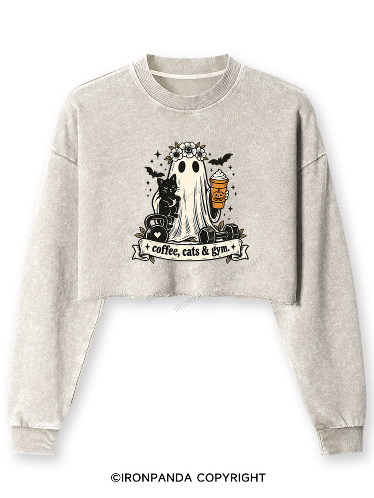COFFEE, CATS & GYM HAPPY HALLOWEEN Washed Long-Sleeve Crop Top