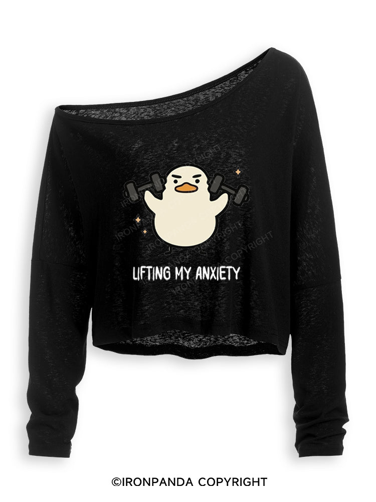 LIFTING MY ANXIETY WEIGHTLIFTING DUCK Off Shoulder Long Sleeve Crop Top