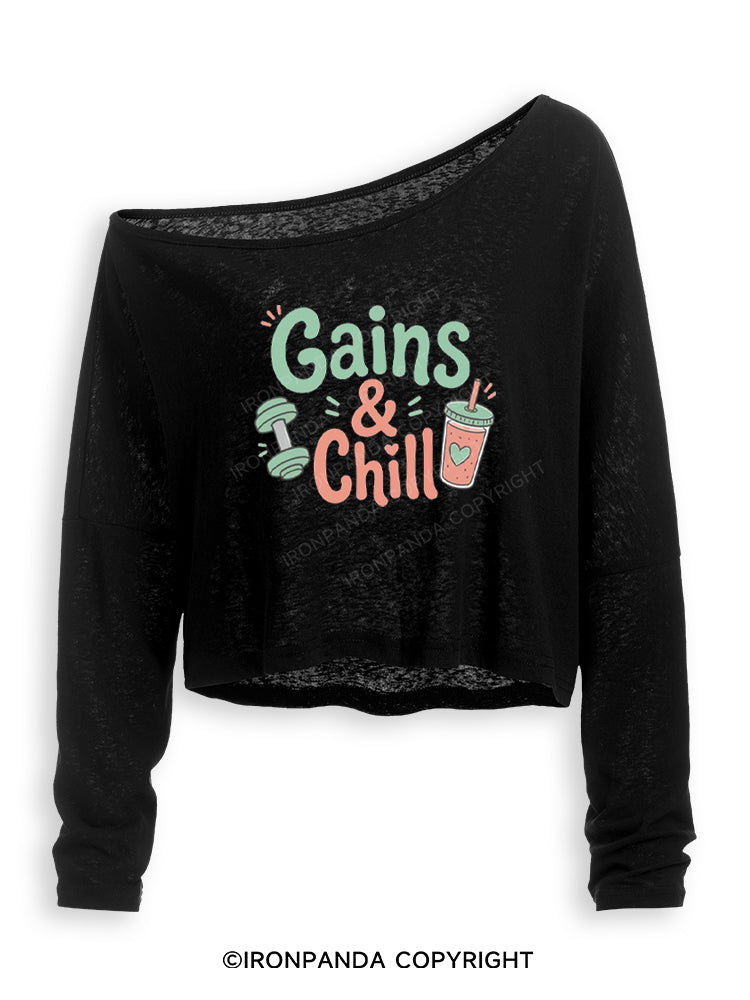 GAINS & CHILL Off Shoulder Long Sleeve Crop Top