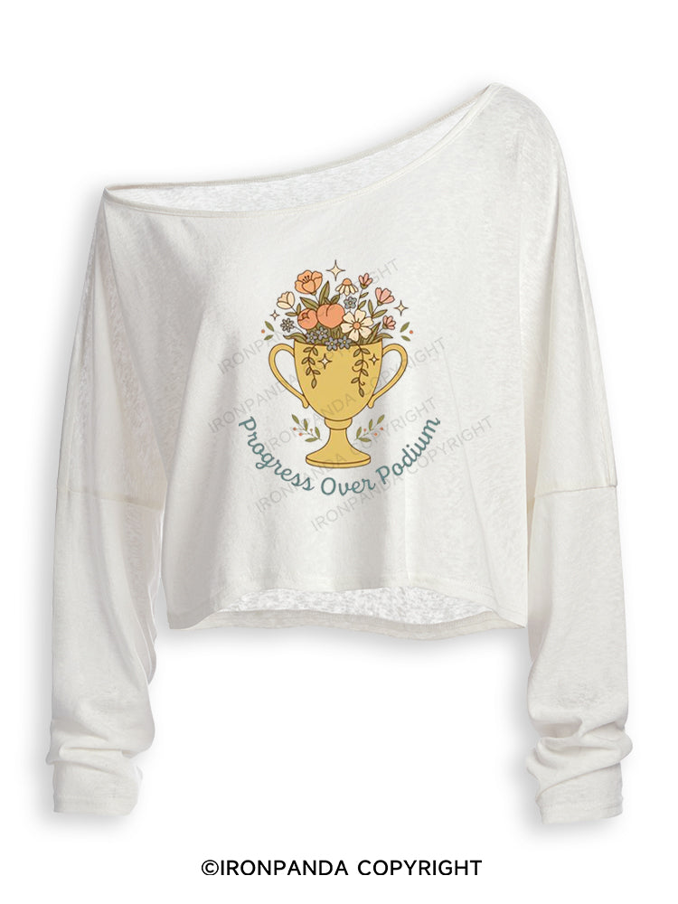 PROGRESS OVER PODIUM Off Shoulder Long Sleeve Crop Top
