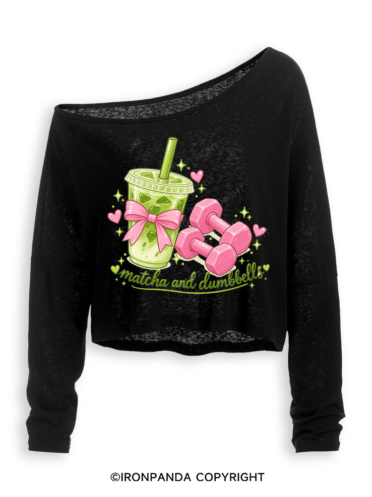 MATCHA AND DUMBBELL MATCHA LOVER Off Shoulder Long Sleeve Crop Top