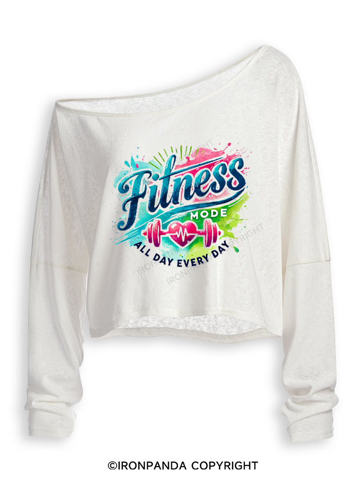 FITNESS MODE ALL DAY EVERY DAY Off Shoulder Long Sleeve Crop Top