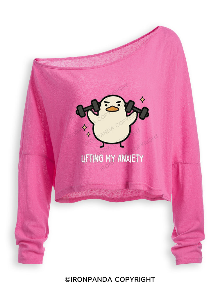LIFTING MY ANXIETY WEIGHTLIFTING DUCK Off Shoulder Long Sleeve Crop Top