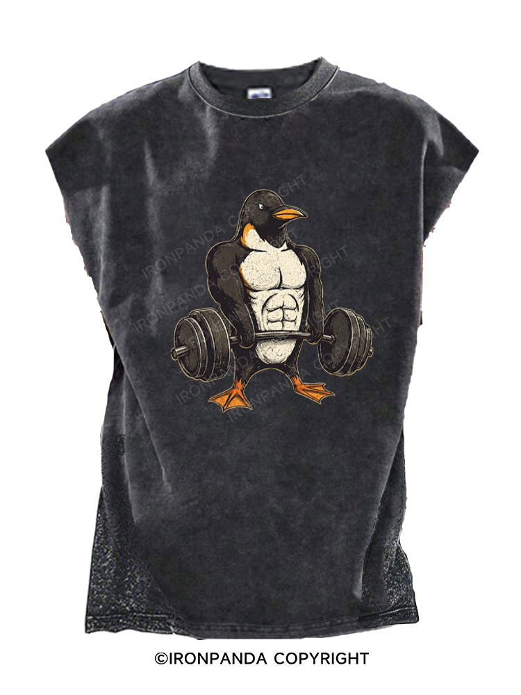 Muscular Penguin Deadlifting Heavy Cut Off Tank