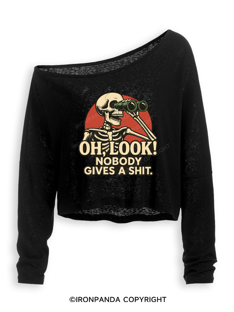 OH, LOOK! NOBODY GIVES A SHIT Off Shoulder Long Sleeve Crop Top
