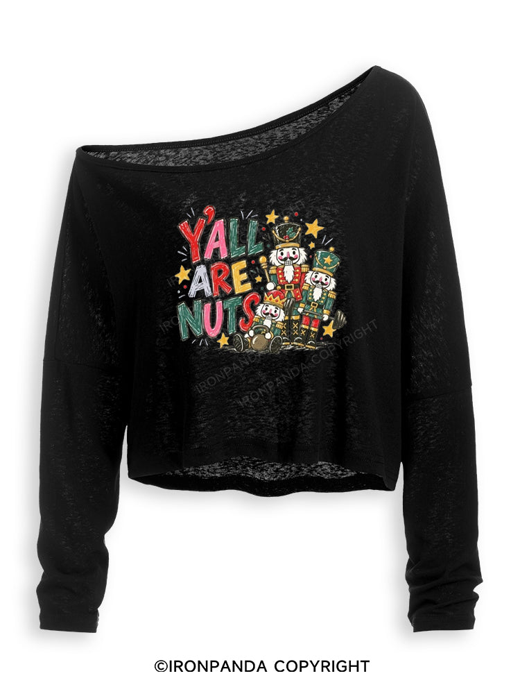 Y'ALL ARE NUTS Off Shoulder Long Sleeve Crop Top