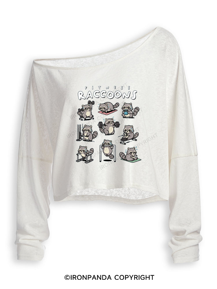 FITNESS RACCOONS Off Shoulder Long Sleeve Crop Top