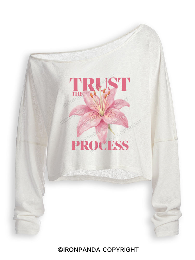 TRUST THE PROCESS Off Shoulder Long Sleeve Crop Top