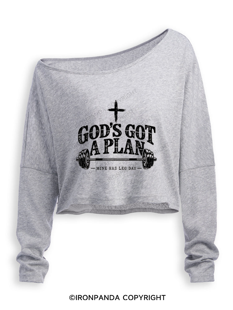 GOD'S GOT A PLAN MINE HAS LEG DAY Off Shoulder Long Sleeve Crop Top