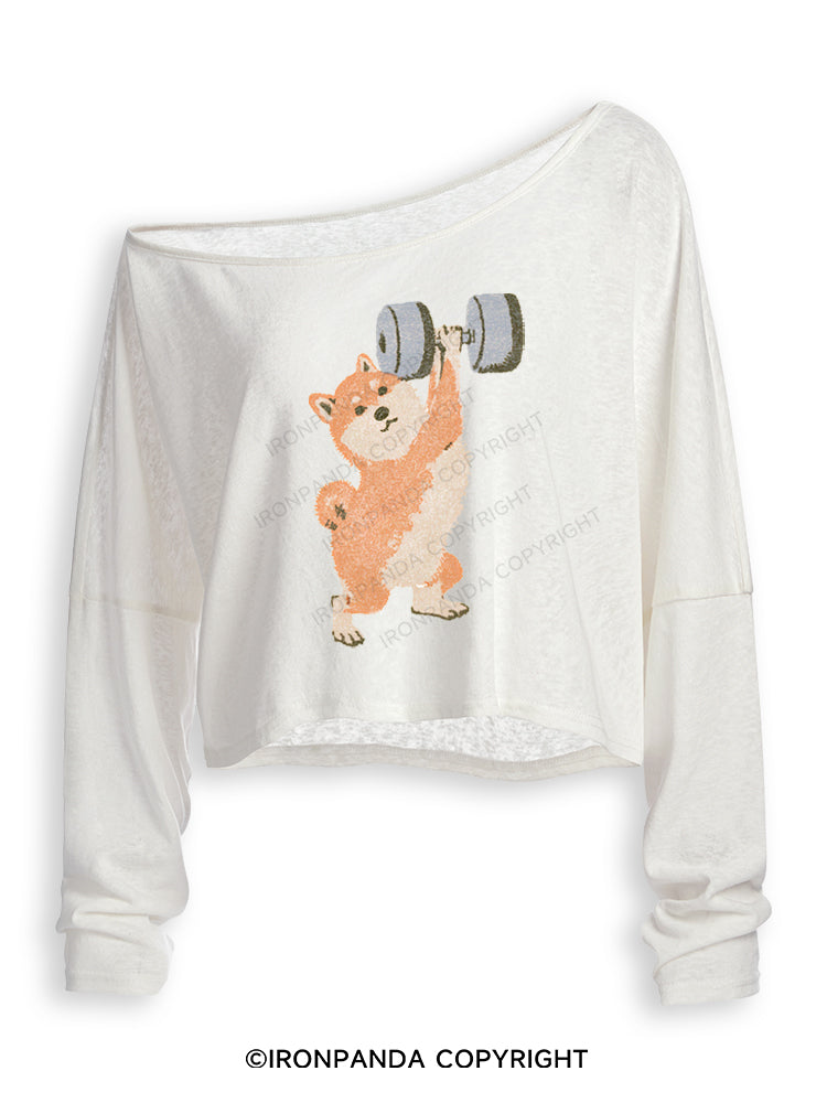STRONG SHIBA INU LIFTING WEIGHTS Off Shoulder Long Sleeve Crop Top
