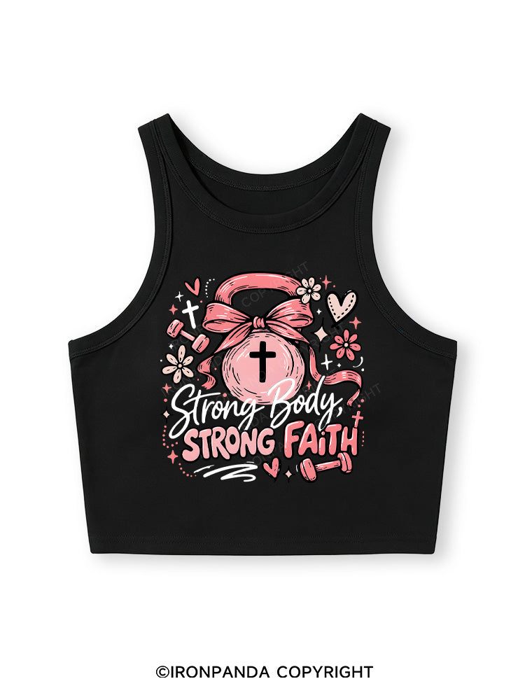 STRONG BODY, STRONG FAITH JESUS Fitted Crop Tank Top