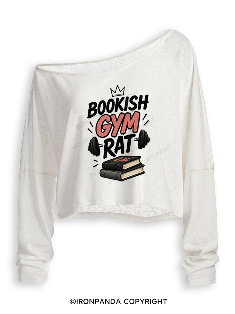 BOOKISH GYM RAT Off Shoulder Long Sleeve Crop Top