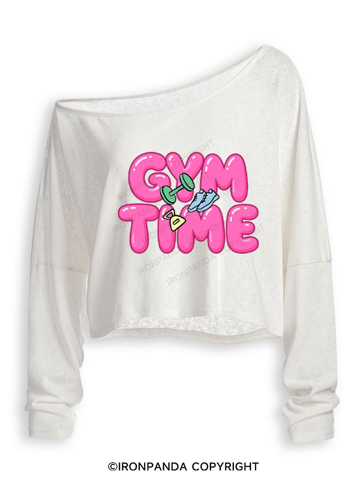 Gym Time Pink Bubble Off Shoulder Long Sleeve Crop Top