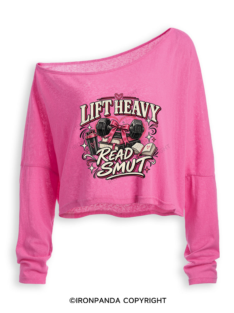 LIFT HEAVY READ SMUT GIRLY GYM READER Off Shoulder Long Sleeve Crop Top