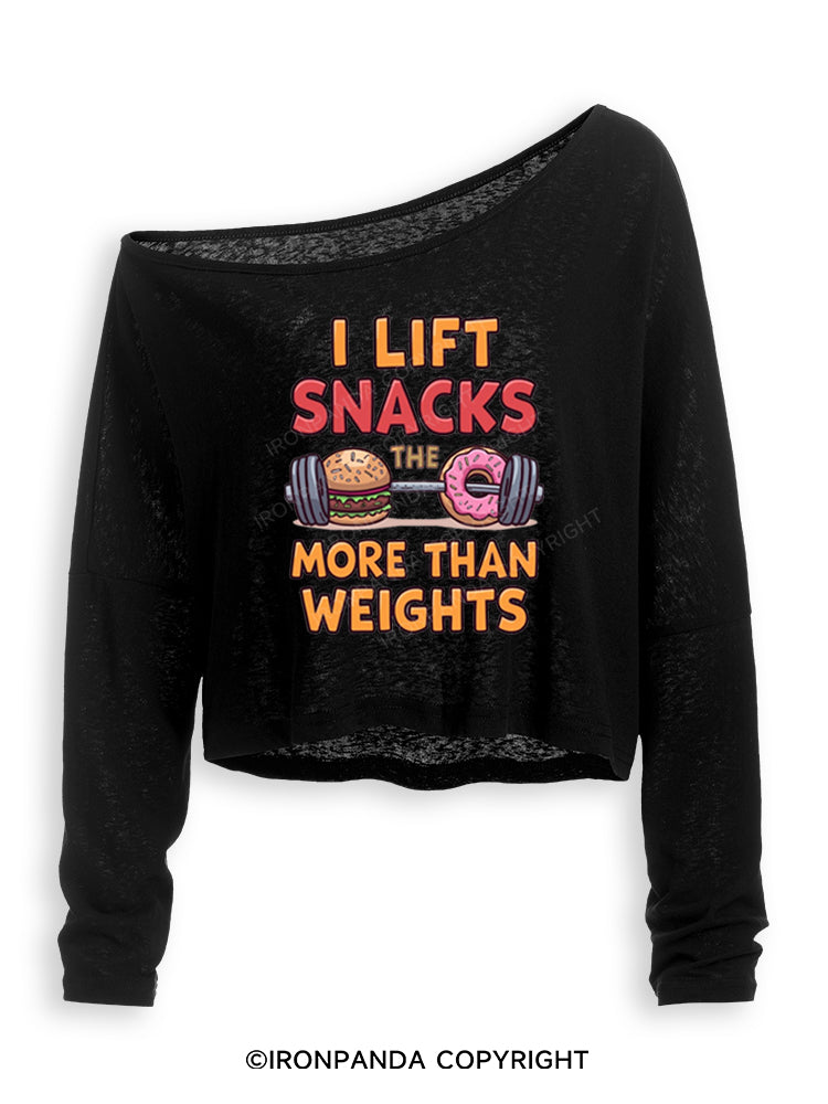 I LIFT SNACKS MORE THAN WEIGHTS Off Shoulder Long Sleeve Crop Top