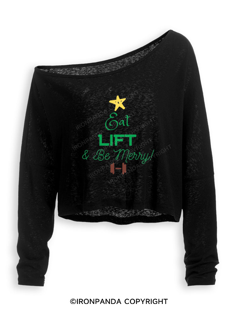 EAT LIFT & BE MERRY! Off Shoulder Long Sleeve Crop Top