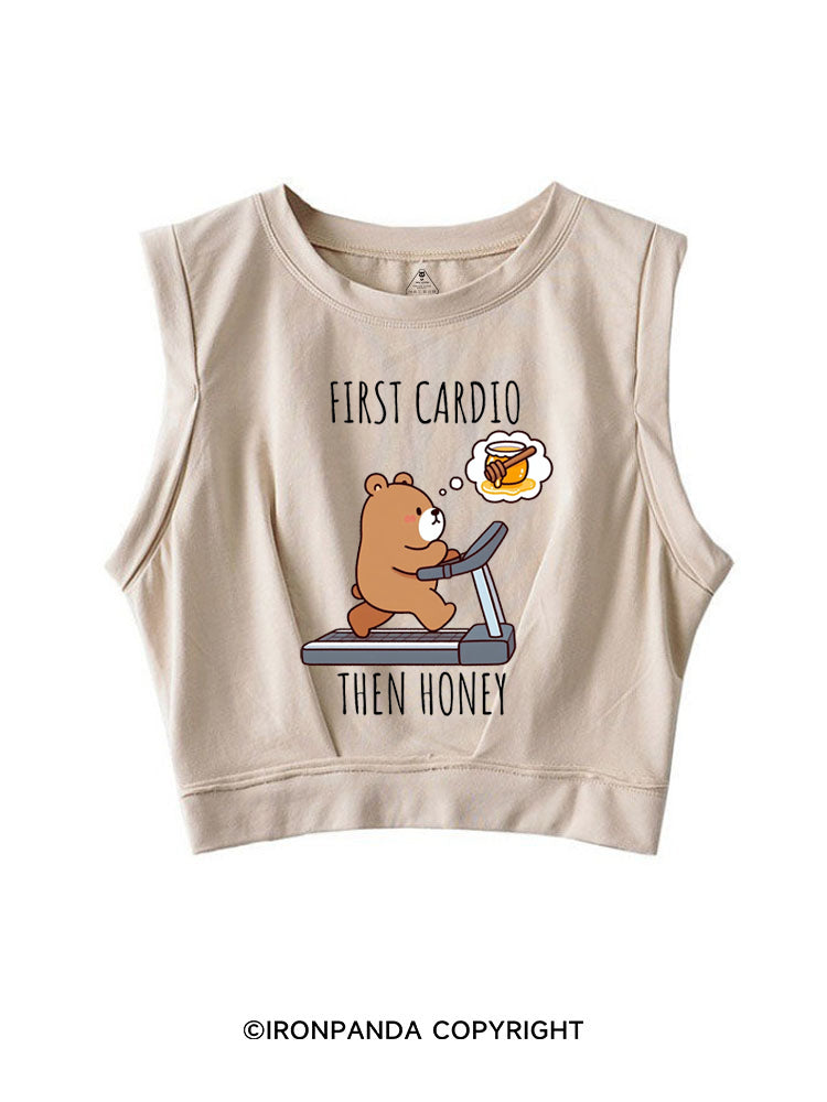 FIRST CARDIO THEN HONEY SLEEVELESS CROP TOPS