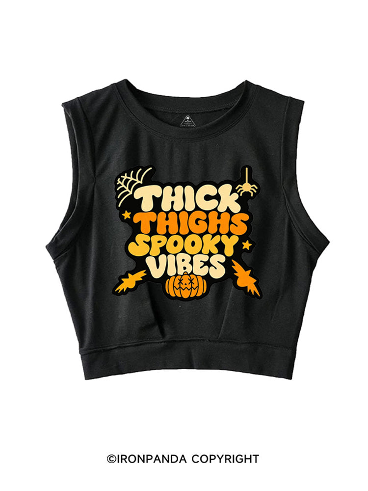 THICK THIGHS SPOOKY VIBES PUMPKIN HALLOWEEN SLEEVELESS CROP TOPS