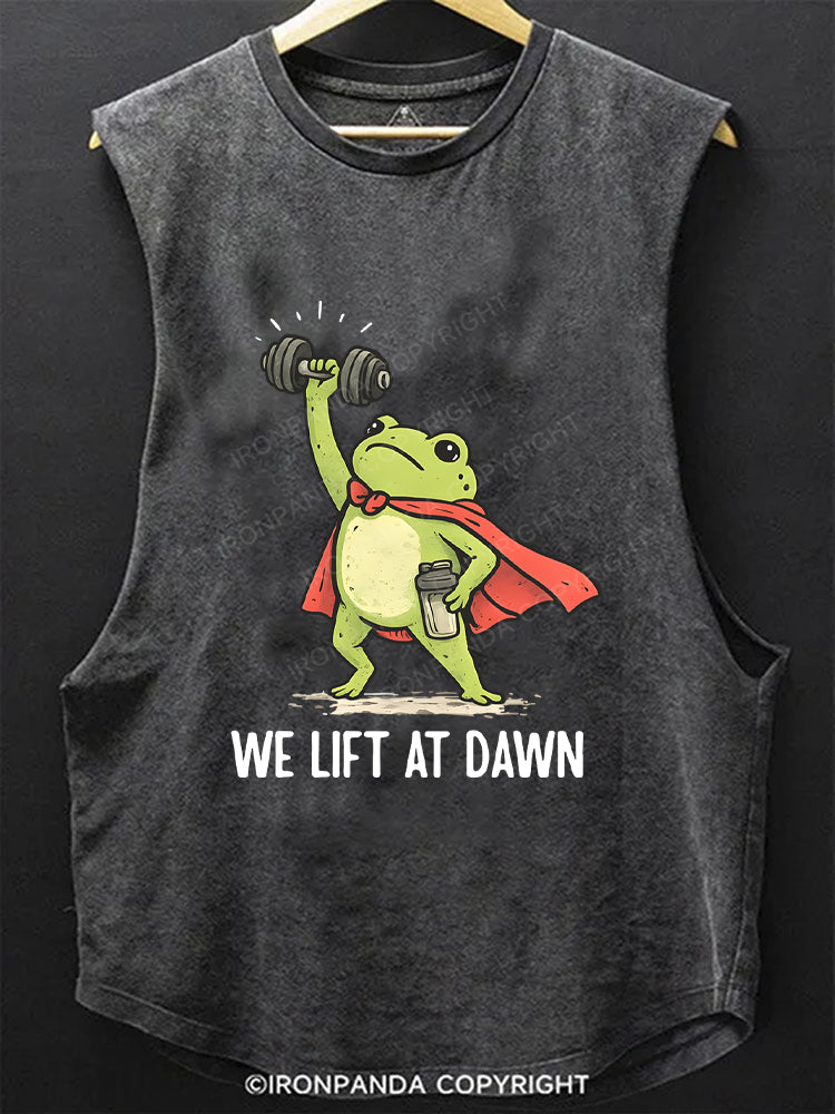 We Lift At Dawn Funny Frog Weight Lifting Scoop Bottom Cotton Tank