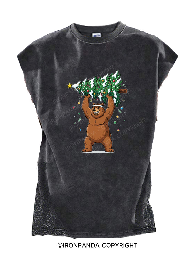 Strong Grizzly Bear Lifting Christmas Tree Cut Off Tank