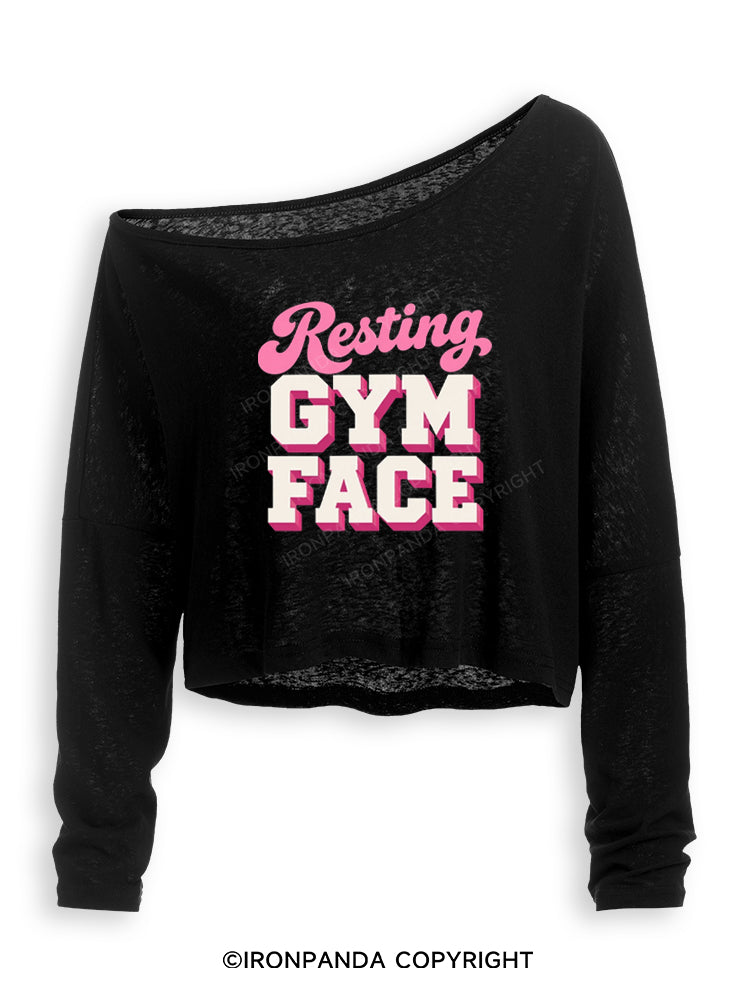 RESTING GYM FACE FUNNY WORKOUT Off Shoulder Long Sleeve Crop Top