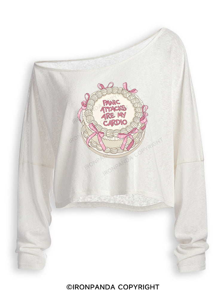 PANIC ATTACKS ARE MY CARDIO FUNNY WORKOUT Off Shoulder Long Sleeve Crop Top