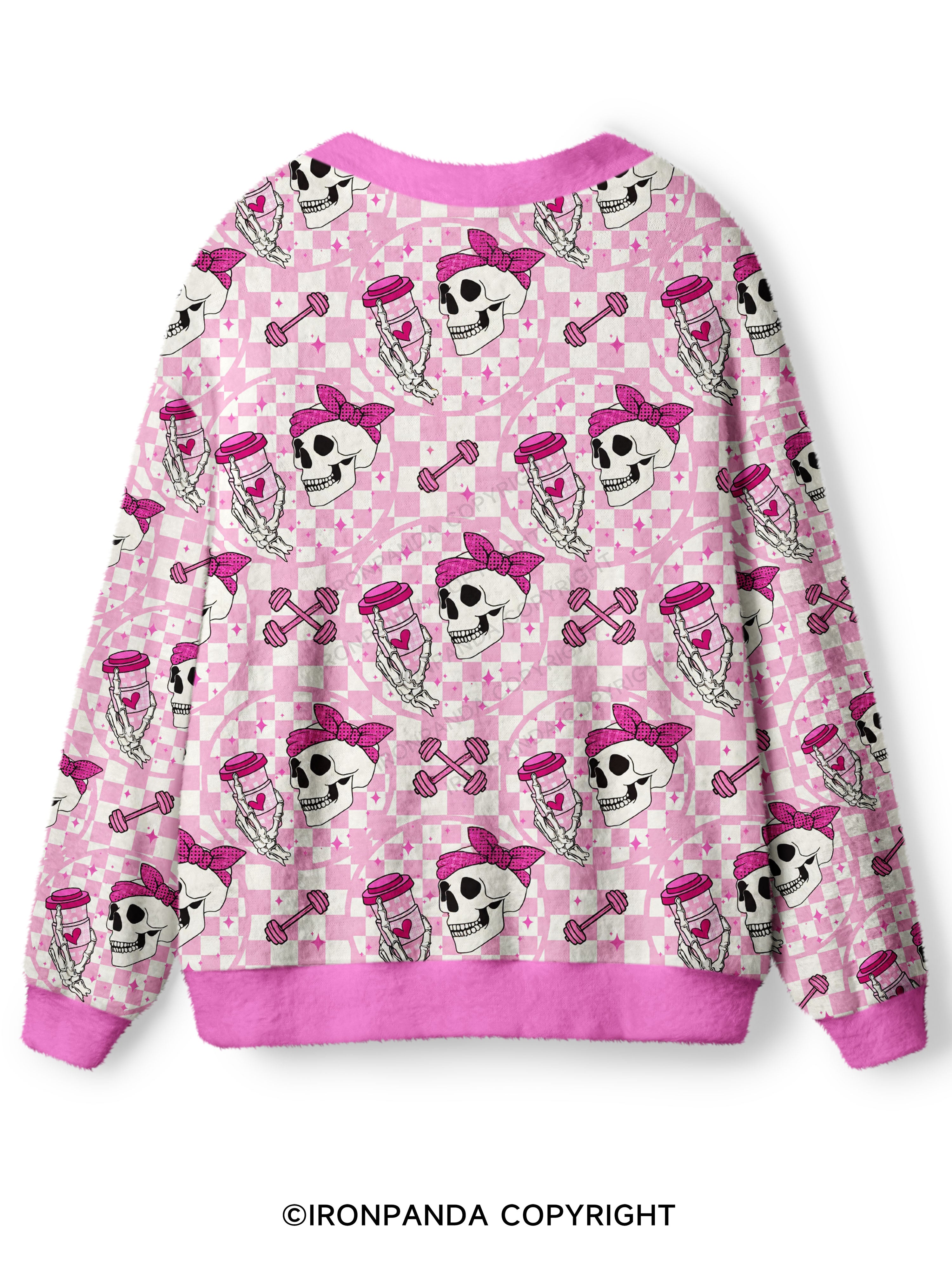 Pink Check Gym Skull Ugly Cardigan Sweater