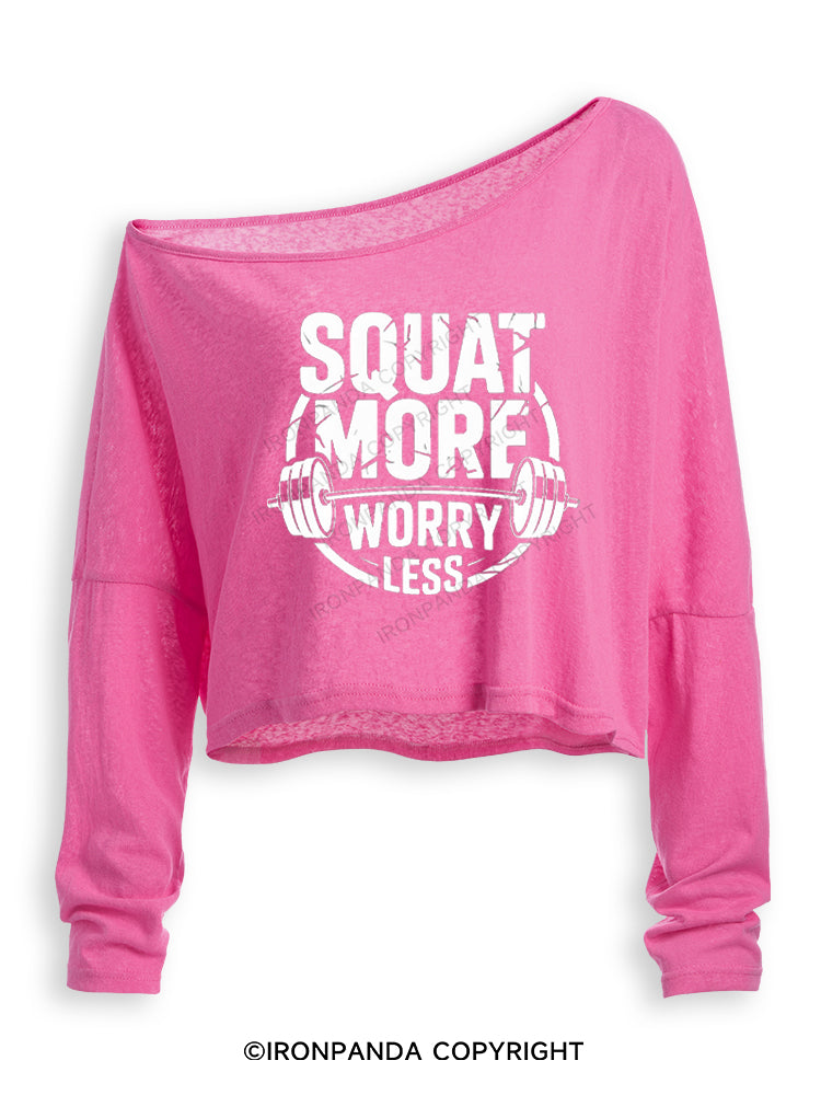 SQUAT MORE WORRY LESS FUNNY WORKOUT Off Shoulder Long Sleeve Crop Top