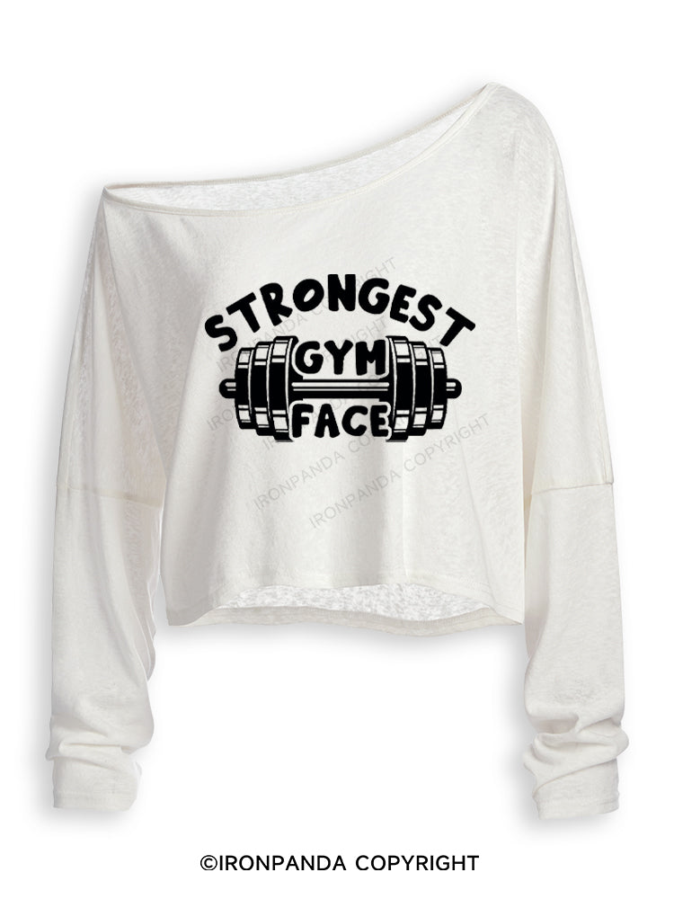 STRONGEST GYM FACE Off Shoulder Long Sleeve Crop Top