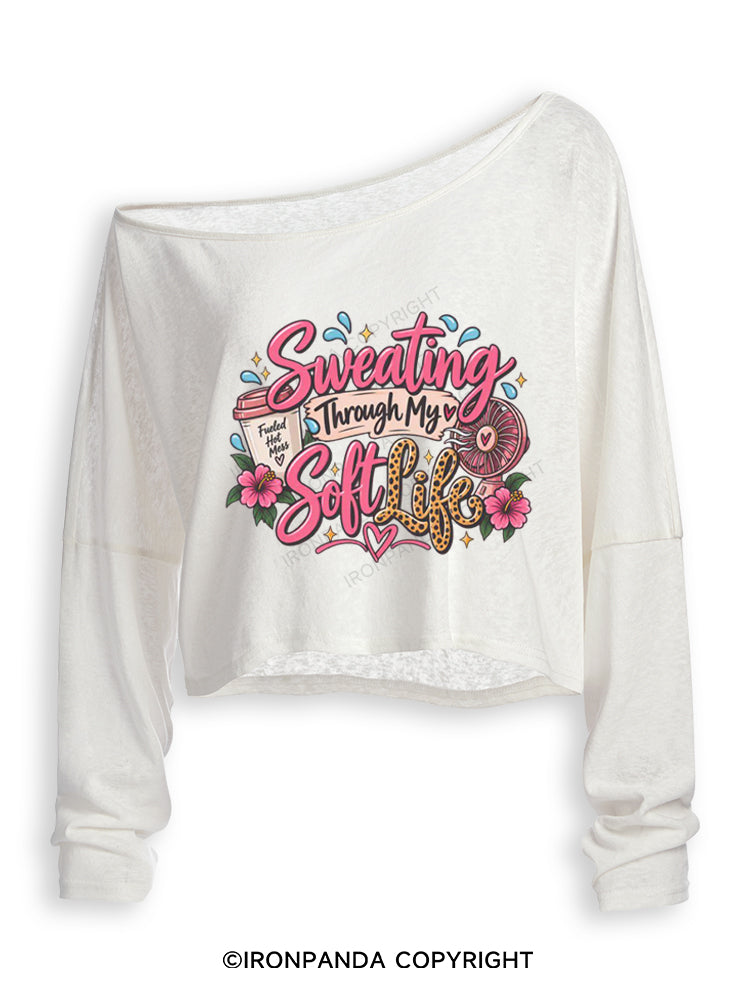 Sweating Through My Soft Life Off Shoulder Long Sleeve Crop Top