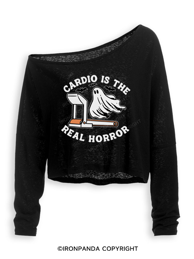 CARDIO IS THE REAL HORROR HALLOWEEN Off Shoulder Long Sleeve Crop Top